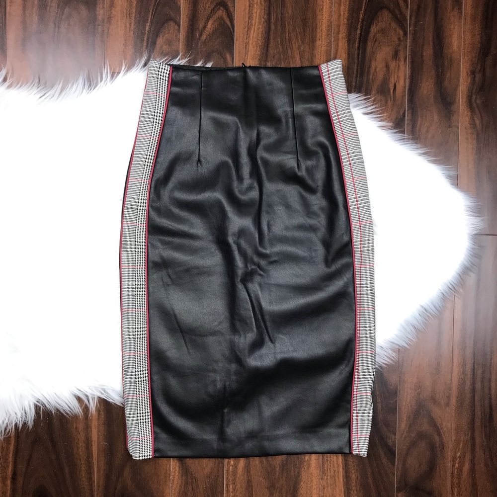 Zara Faux Leather Plaid Side Panel Pencil Skirt